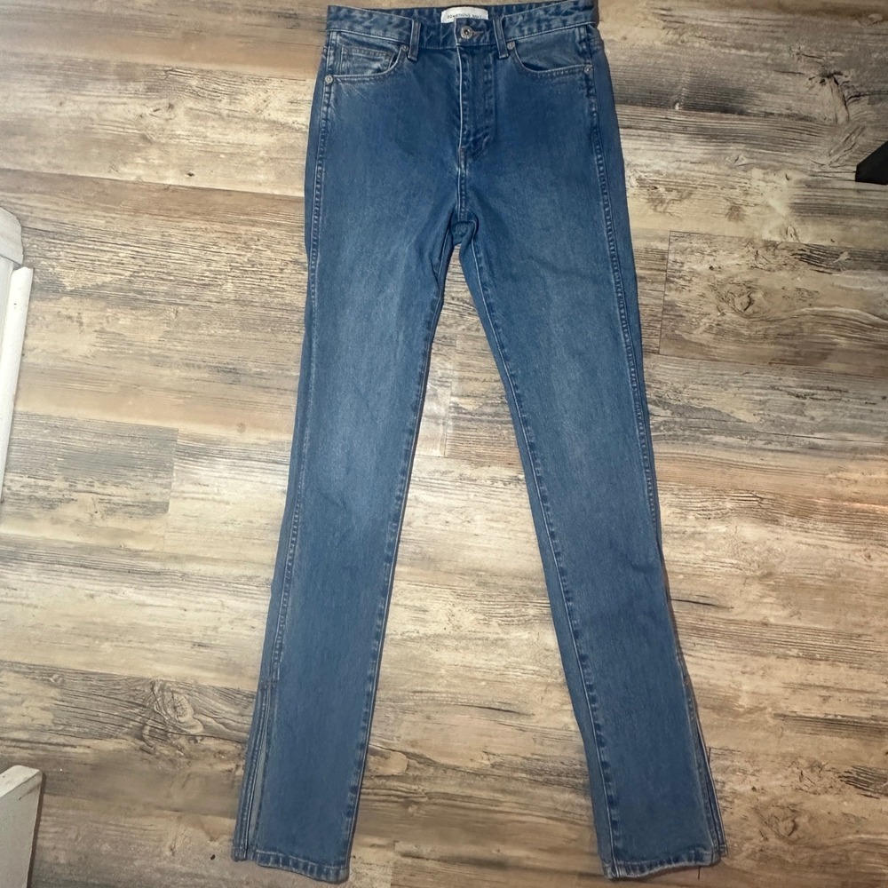 Something Navy Womens High Rise Skinny Jeans Medium Wash Side Slit Size 2